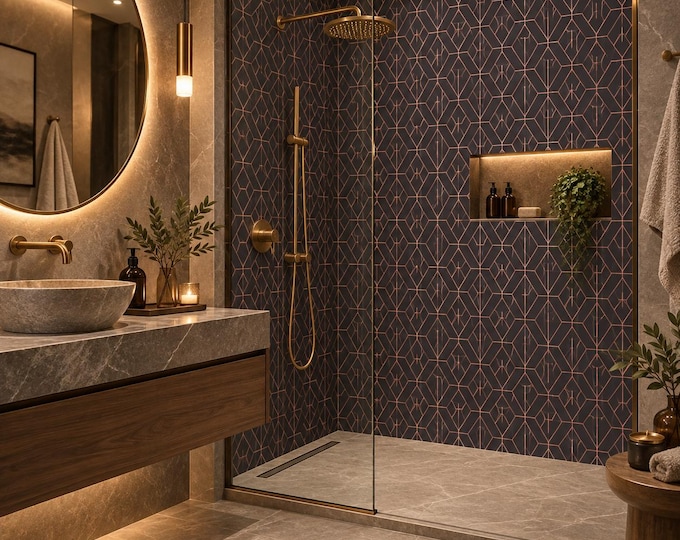 Deco Noir Copper Shower Panel, Black Geometric Bathroom Wall Feature (Waterproof)