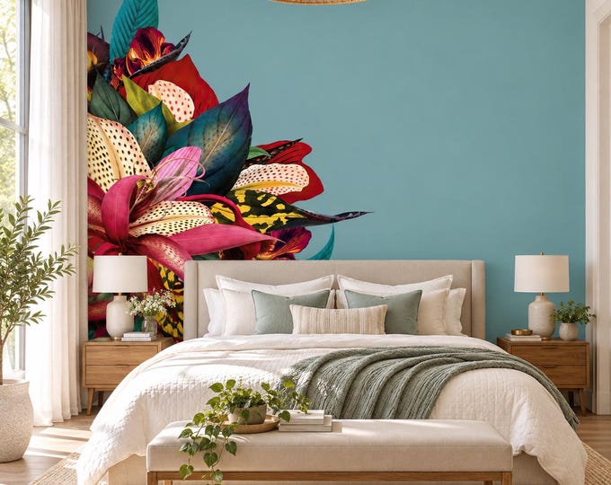 Tropical Floral Wallpaper | Teal Botanical Wall Mural | Exotic Lily & Butterfly Wallpaper