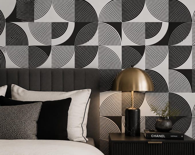 Luna Geo Black White Geometric Wallpaper, Mid-Century Modern Circle Pattern (Custom Size)