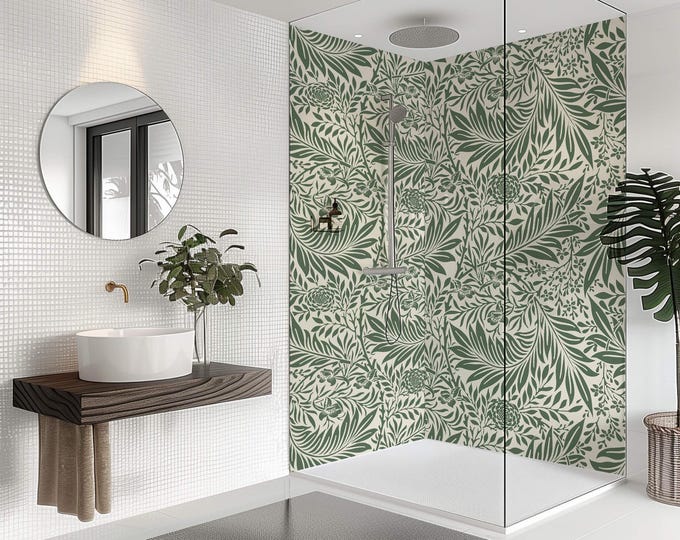Green William Morris Style Waterproof Shower Panel, Botanical Bathroom Feature Wall