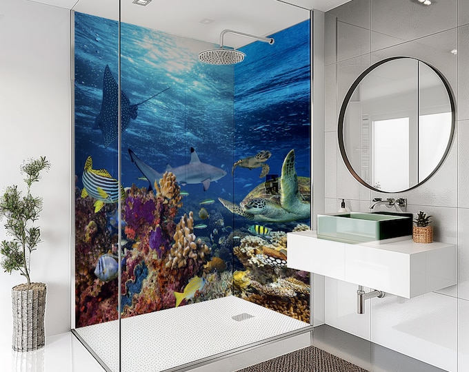 Tropical Sea Shower Panel, Waterproof Bathroom Cladding, Modern Tile Alternative