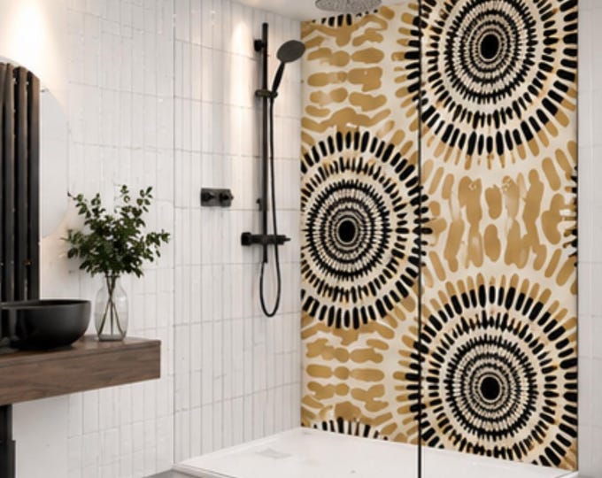 Black Gold Tribal Shower Panel – Abstract Circular Bathroom Wall Panel, Boho Geometric Waterproof Shower Wall, Luxury Statement Decor