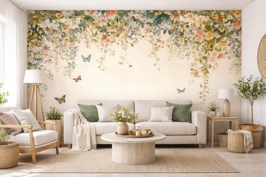 Butterfly Floral Wall Mural, Soft Nursery Wallpaper, Watercolor Flower ...