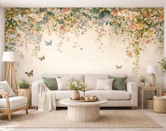 Butterfly Floral Wall Mural, Soft Nursery Wallpaper, Watercolor Flower Garden, Girls Bedroom Boho Wall Art, Nursery Decor mould-resistant
