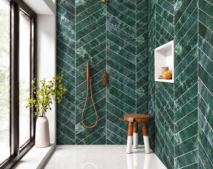Emerald Chevron Shower Panel, Green Stone Wall Mural, Waterproof Marble Tile Decor
