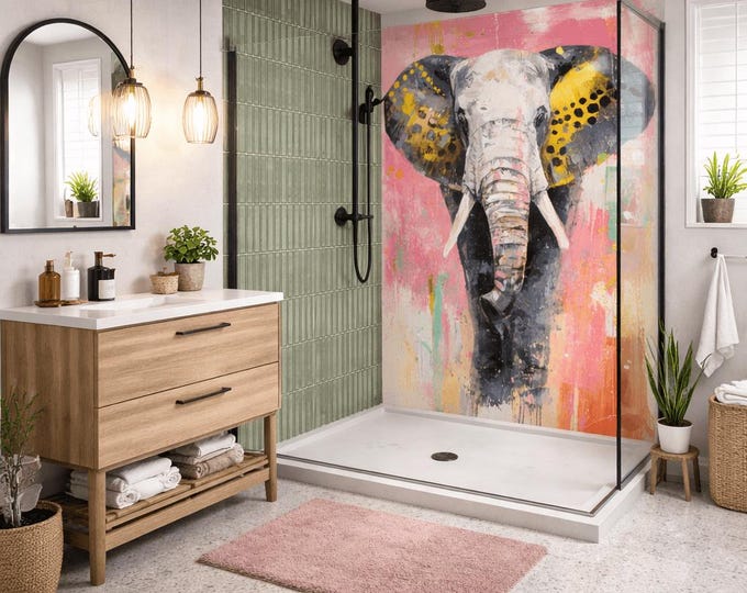 Pink Elephant Shower Panel, Waterproof Bathroom Cladding, Modern Tile Alternative