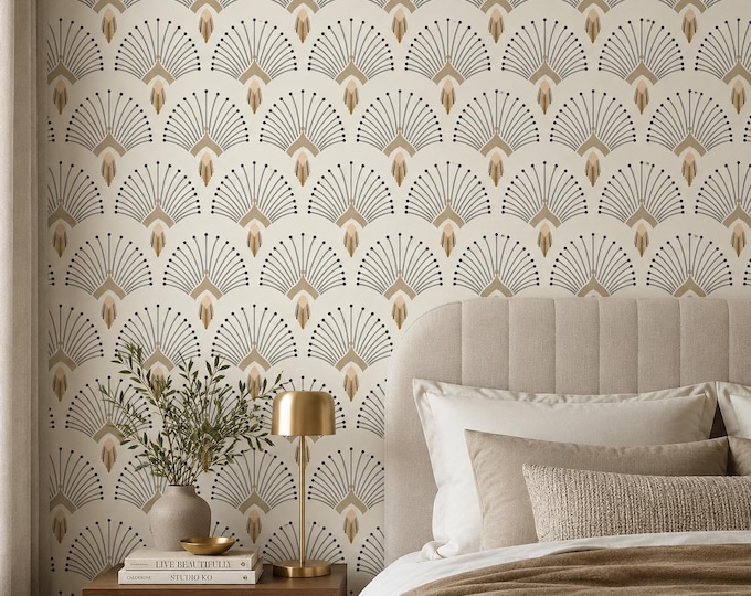 Art Deco Fan Wallpaper, Gatsby Gold & Cream Wallpaper, 1920s Geometric Pattern, Vintage Peacock Fan Wall Decor, Luxury Art Deco Wallpaper