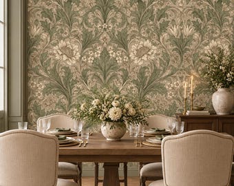 Sage Green Floral Wallpaper | Vintage Botanical Wallpaper | Arts & Crafts Floral Wall Mural