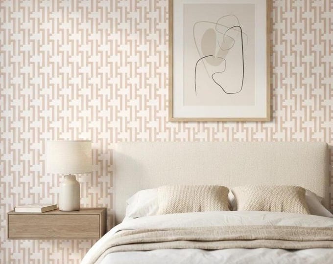 Beige Geometric Wallpaper, Modern Greek Key Wallpaper, Neutral Sand Maze Pattern, Luxury Minimalist Wall Decor