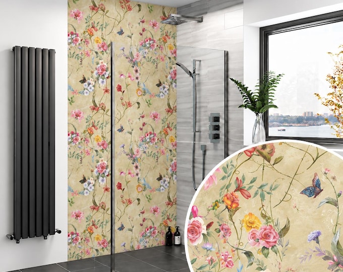 Botanical Watercolour Sand Shower Panel, Beige Floral Wall Mural, Waterproof Nature Bathroom Decor