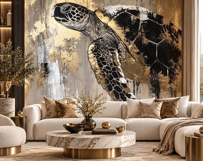Sea Turtle Wallpaper | Black Gold Ocean Wall Mural | Abstract Coastal Wildlife Wallpaper