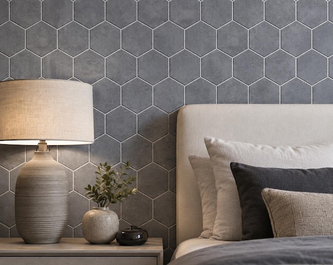 Gray Hexagon Tile Wallpaper, Faux Stone Honeycomb Pattern, Modern Geometric Tile Look, Kitchen & Powder Room Wall Decor