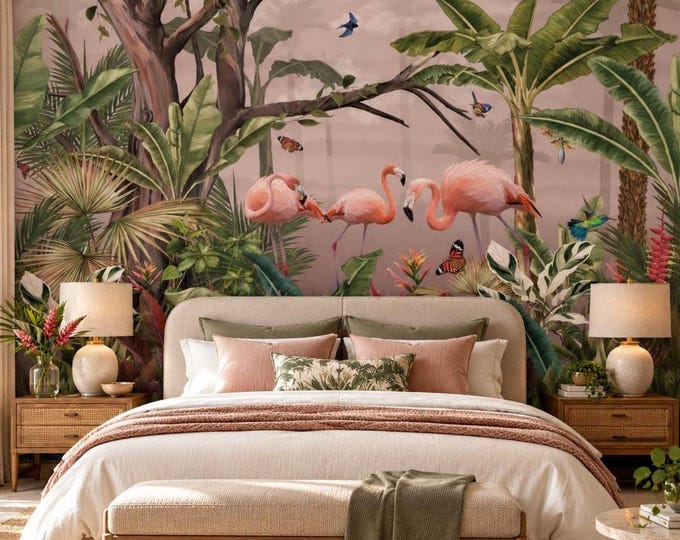 Pink Flamingo Jungle Wallpaper Mural | Tropical Botanical Wall Mural | Exotic Bird Wallpaper