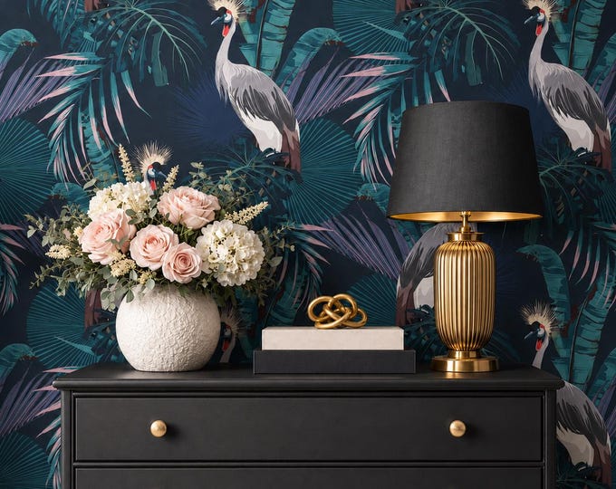 Japanese Crane Tropical Wallpaper, Navy Teal Botanical Wall Mural, Dark Jungle Leaf Decor