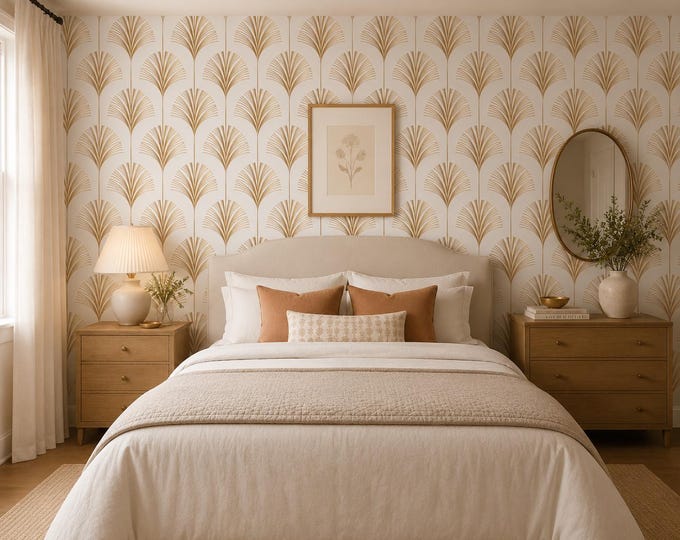 Art Deco Fan Wallpaper, Gold Geometric Peel and Stick Wall Mural