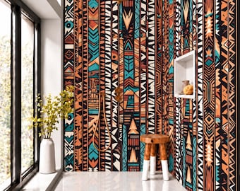 Tribal Geometric Shower Panel – Terracotta, Teal & Black Boho Bathroom Wall Panel, Aztec Inspired Waterproof Shower Wall
