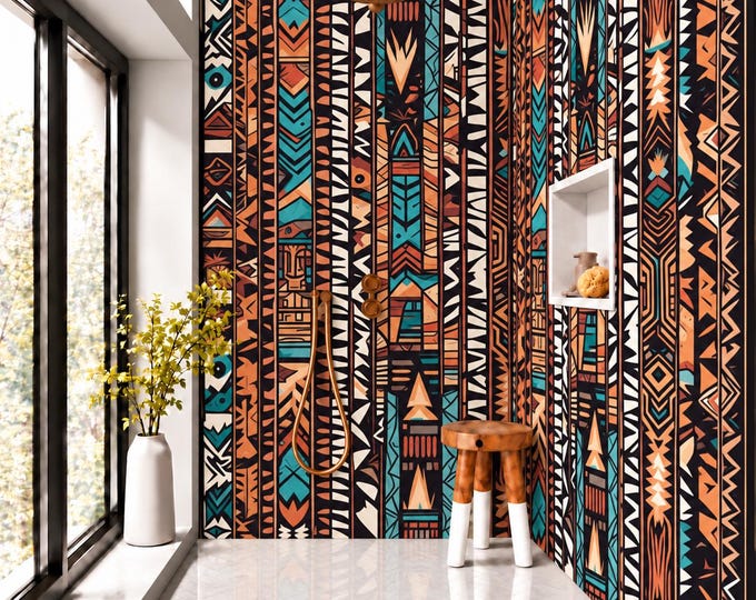 Tribal Geometric Shower Panel – Terracotta, Teal & Black Boho Bathroom Wall Panel, Aztec Inspired Waterproof Shower Wall