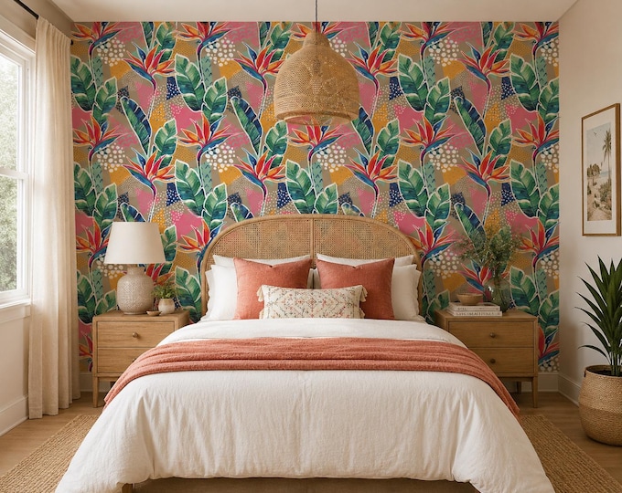 Exotic Bird of Paradise Wall Mural | Vibrant Memphis Style Tropical Wallpaper
