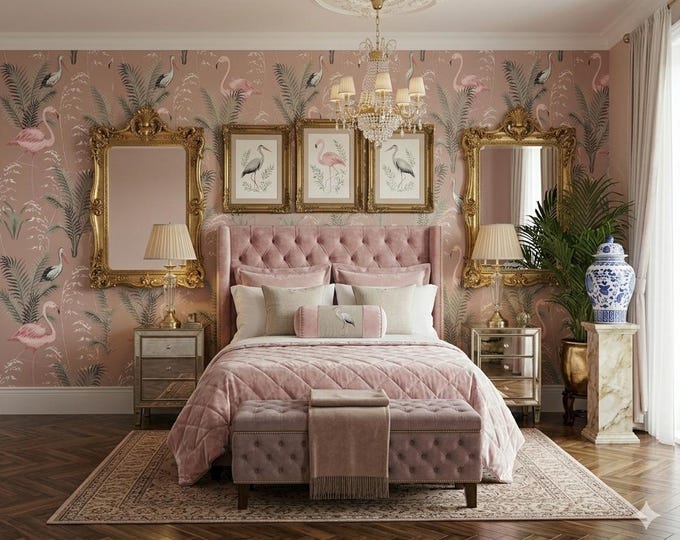 Flamingo and Crane Wallpaper | Retro Botanical Peel & Stick, Removable Pastel Pink Wall Mural