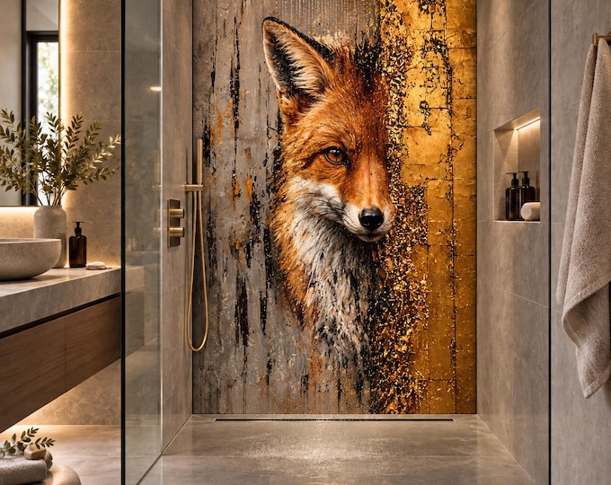 Golden Fox Shower Wall Panel, Luxury Wildlife Bathroom Wall Cladding