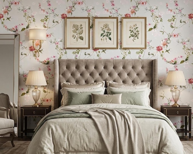 Botanical Watercolor Grey Floral Wallpaper | Delicate Bird and Blossom Chinoiserie Peel and Stick