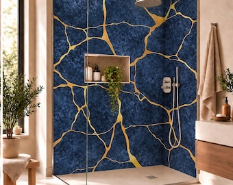 Navy Blue & Gold Kintsugi Shower Panel – Luxury Marble Effect Bathroom Wall Panel, Abstract Waterproof Shower Wall