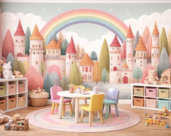 Rainbow Castle Wall Mural – Fairytale Nursery Wallpaper, Pastel Colors