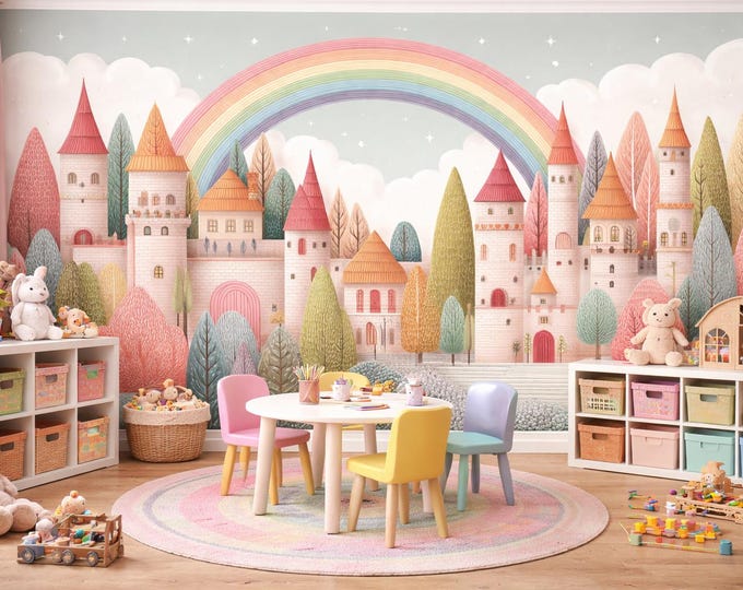 Rainbow Castle Wall Mural – Fairytale Nursery Wallpaper, Pastel Colors