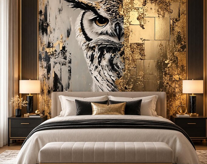 Gilded Owl Wallpaper | Black Gold Bird Wall Mural | Abstract Owl Wallpaper | Luxury Wildlife Statement Feature Wall