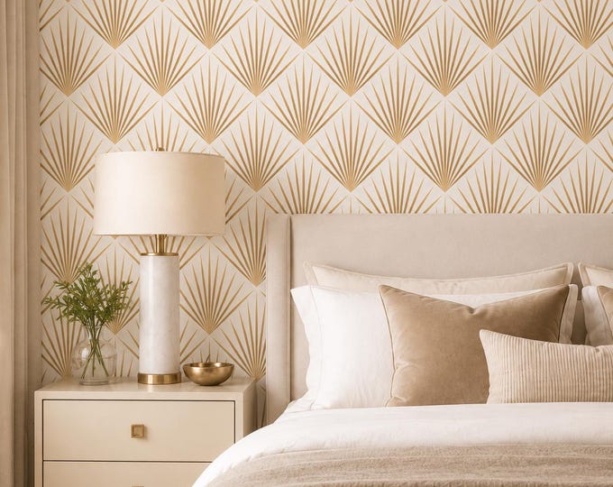 Gold Art Deco Wallpaper, Geometric Fan Pattern, Gatsby Glam Wallpaper, Cream and Gold Wall Decor, Luxury 1920s Statement Wallpaper