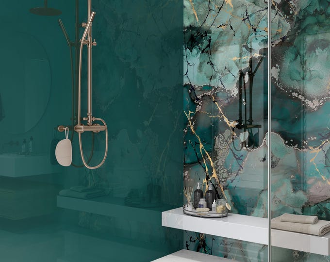 Shower Panel Green Gold Marble, Grout-Free Tile Alternative, Waterproof