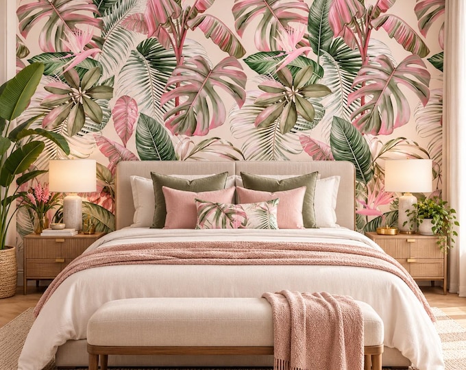 Pink Tropical Wallpaper | Blush Green Botanical Wall Mural | Monstera Leaf Wallpaper | Elegant Jungle Feature Wall