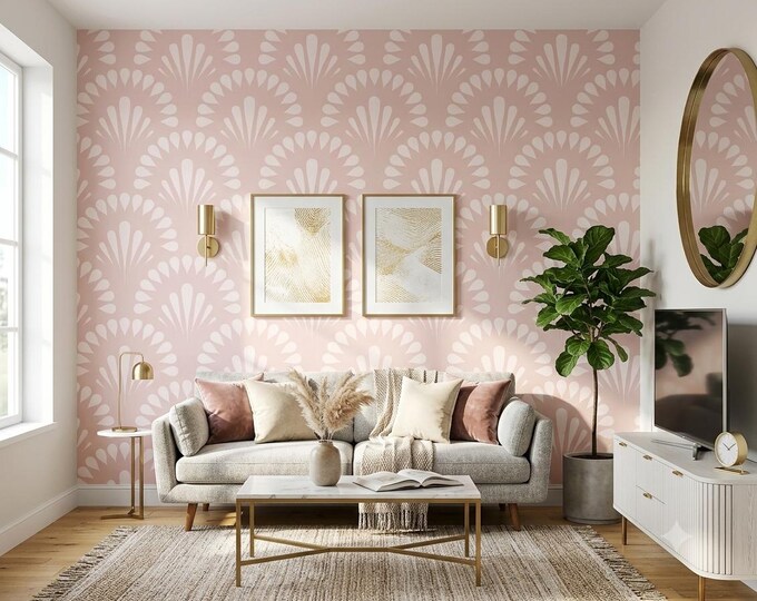 Art Deco Fan Geometric Wallpaper – Light Pink Bloom Wall Decor (Digital Print)