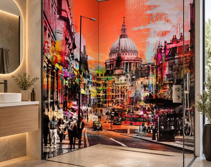 London City Shower Panel – St Paul’s Cathedral Urban Bathroom Wall Panel, Colourful London Street Art Waterproof Shower Wall