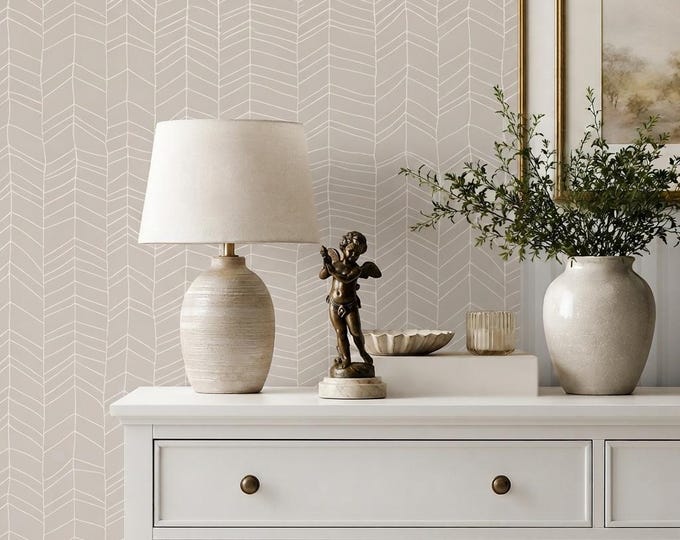 Calm Chevron Wallpaper, Neutral Beige Geometric Wallpaper, Minimalist Herringbone Wall Decor, Modern Scandinavian Bedroom Wallpaper