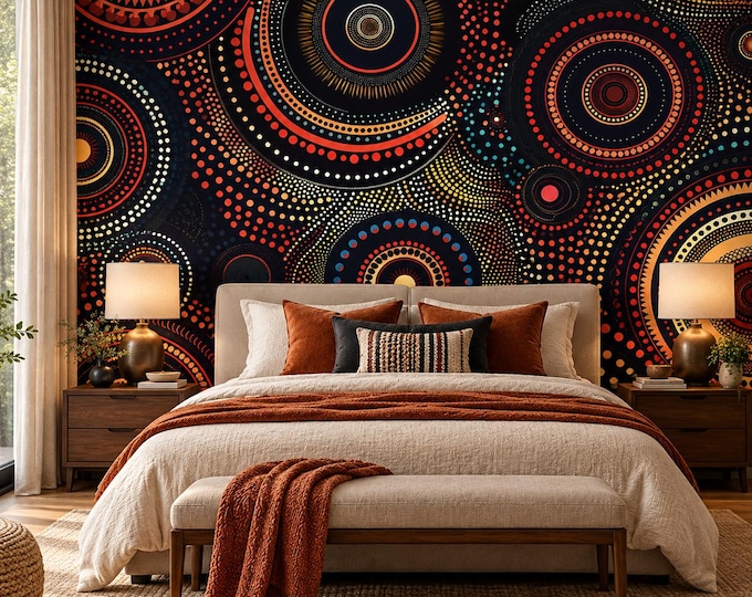 Aboriginal Inspired Dot Art Wallpaper, Black Orange Tribal Wall Mural, Australian Style Geometric Boho Wallpaper