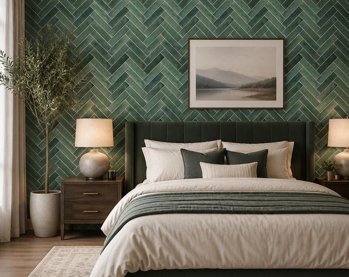 Green Ceramic Herringbone Tile Wallpaper – Emerald Tile Effect Bathroom & Kitchen Wall Mural