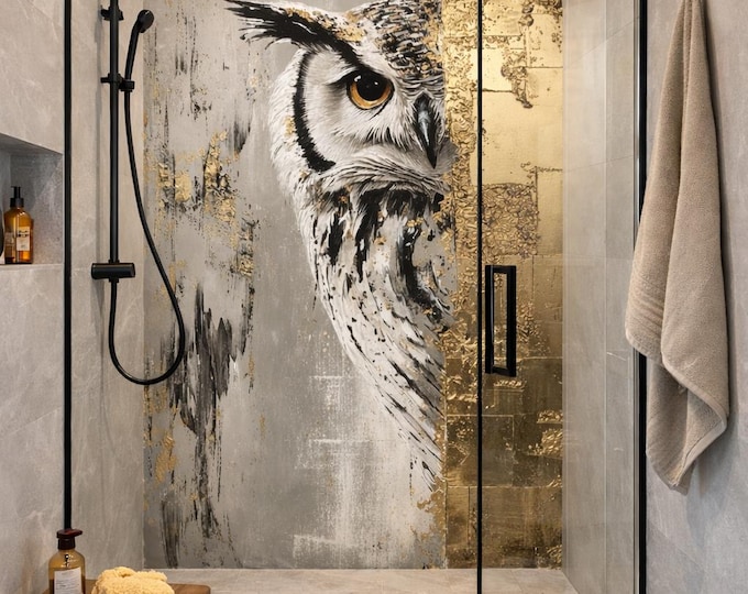 Owl Shower Panel, Gold Accent Bathroom Feature Wall, Waterproof ACM