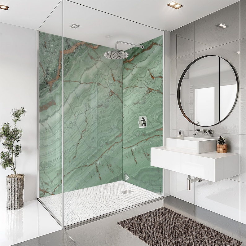 Green Marble Tile Shower Panel 48" X 96", Waterproof Bathroom Cladding ...