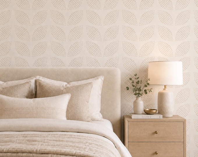 Pebble Bloom Geometric Wallpaper, Beige Dotted Floral Pattern, Japandi Nursery Decor