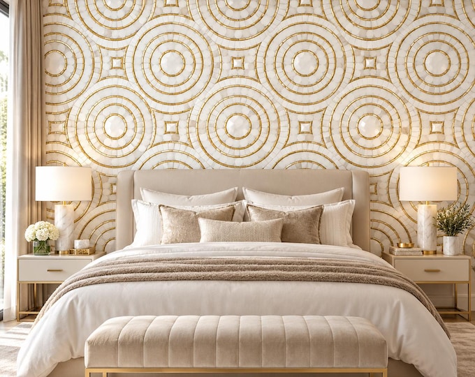 White & Gold Mosaic Wallpaper | Luxury Circle Tile Wall Mural | Glam Geometric Wallpaper