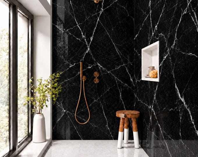 Black Marble Effect Shower Wall Panel – Waterproof Bathroom Cladding (Custom Cut)
