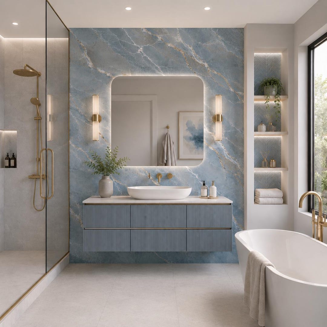 Ocean Vein Marble Tile Shower Panel 48" X 96", Waterproof Bathroom ...