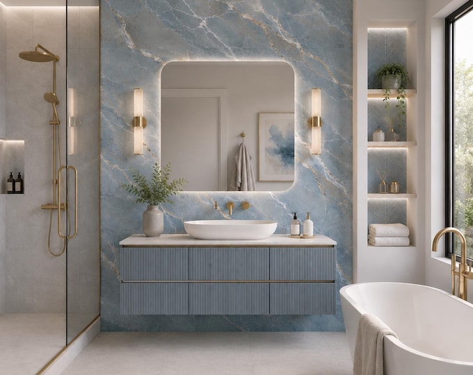 Ocean Vein Marble Tile Shower Panel 48" x 96", Waterproof Bathroom Cladding, Modern Tile Alternative