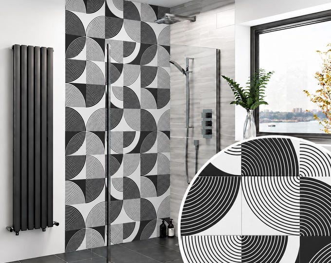 Black & White Geometric Shower Wall Panel, Retro Arch Pattern, Waterproof Bathroom Cladding