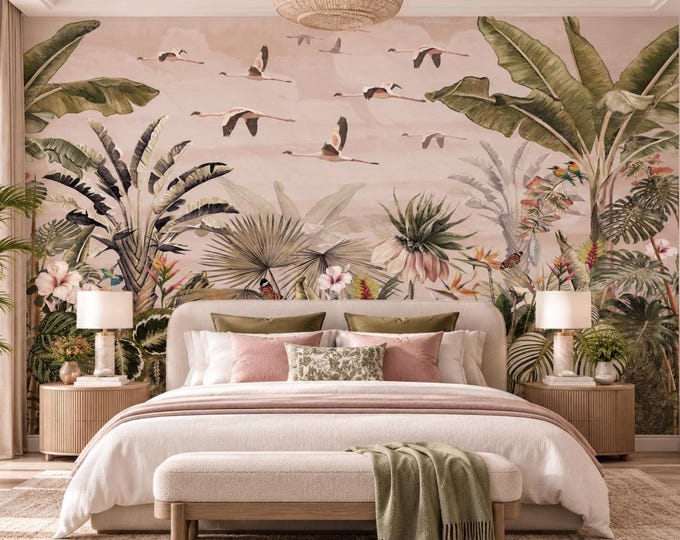 Vintage Tropical Beige Jungle Wallpaper Mural | Flamingo Bird Botanical Wall Mural | Exotic Floral Wallpaper
