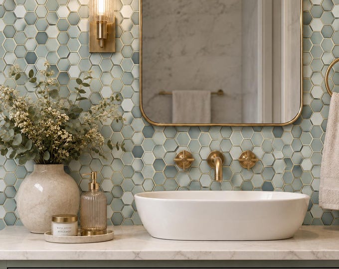 Sage Green Hexagon Mosaic Wallpaper, Gold Geometric Wall Mural, Faux Tile Bathroom Kitchen