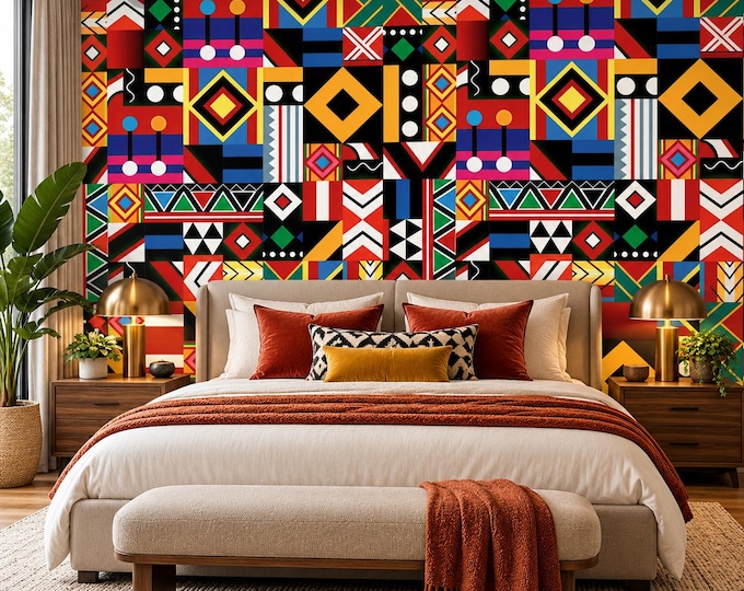 African Geometric Wallpaper | Colourful Tribal Wall Mural | Bold Abstract Pattern Wallpaper | Afrocentric Statement Feature Wall
