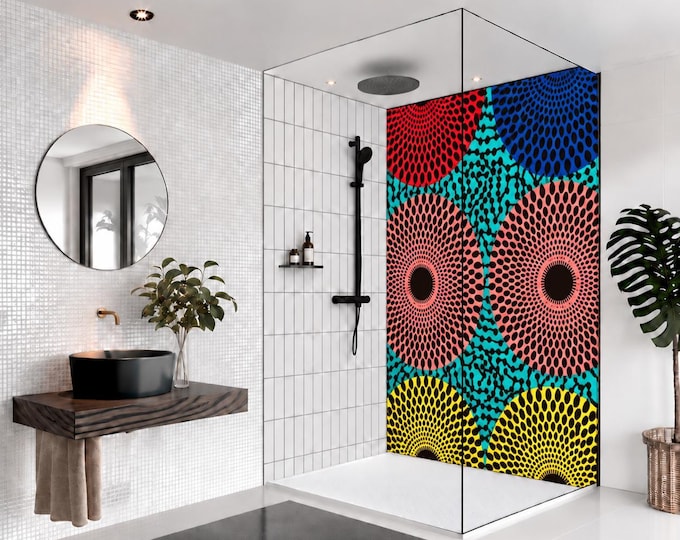 African Sunburst Shower Wall Panel – Colourful Wax Print Inspired Waterproof Bathroom Panel