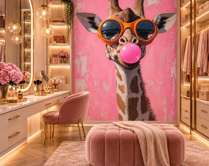 Giraffe Sunglasses Bubblegum Wallpaper I Funny Giraffe Wallpaper | Pink Animal Wall Mural |